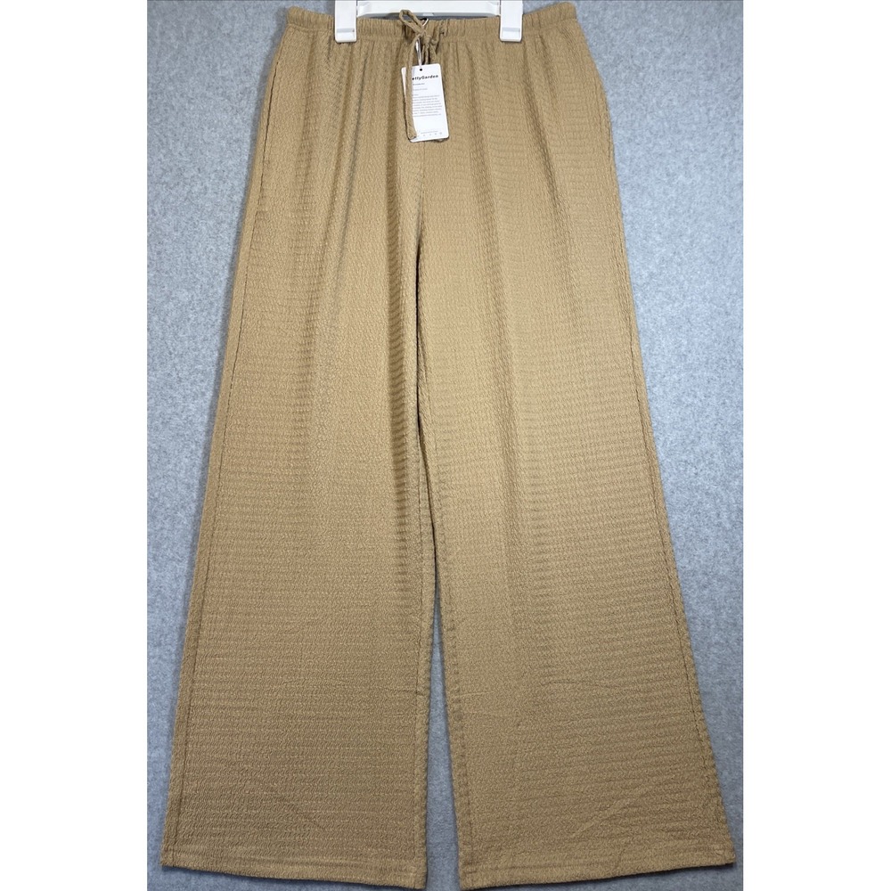 PRETTYGARDEN Beige Casual Textured Lounge Pants with Drawstring, Sz Med